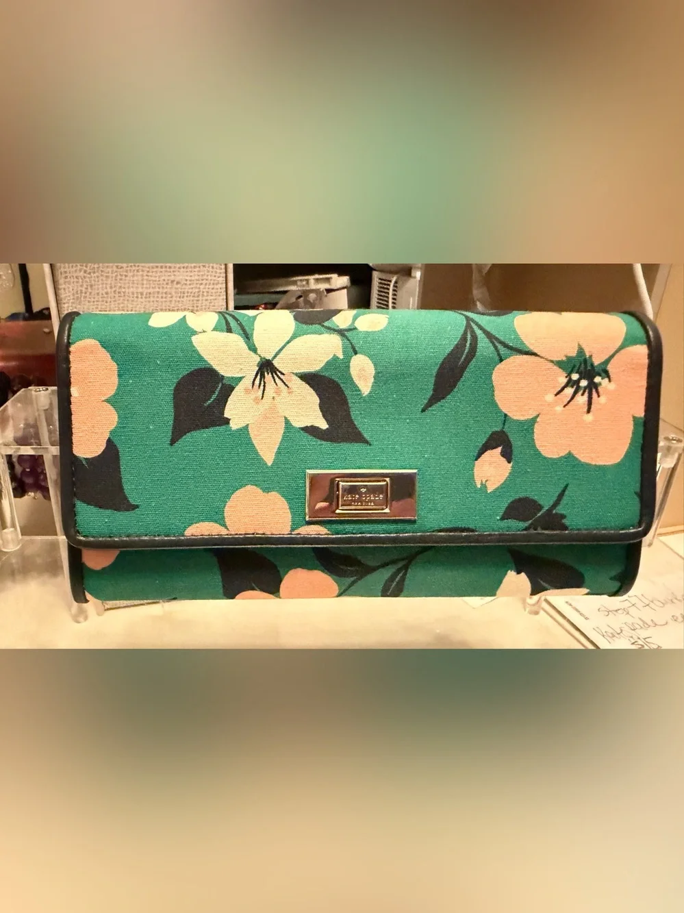kate spade Green Floral Wallet with Peach Blooms and Gold Plaque